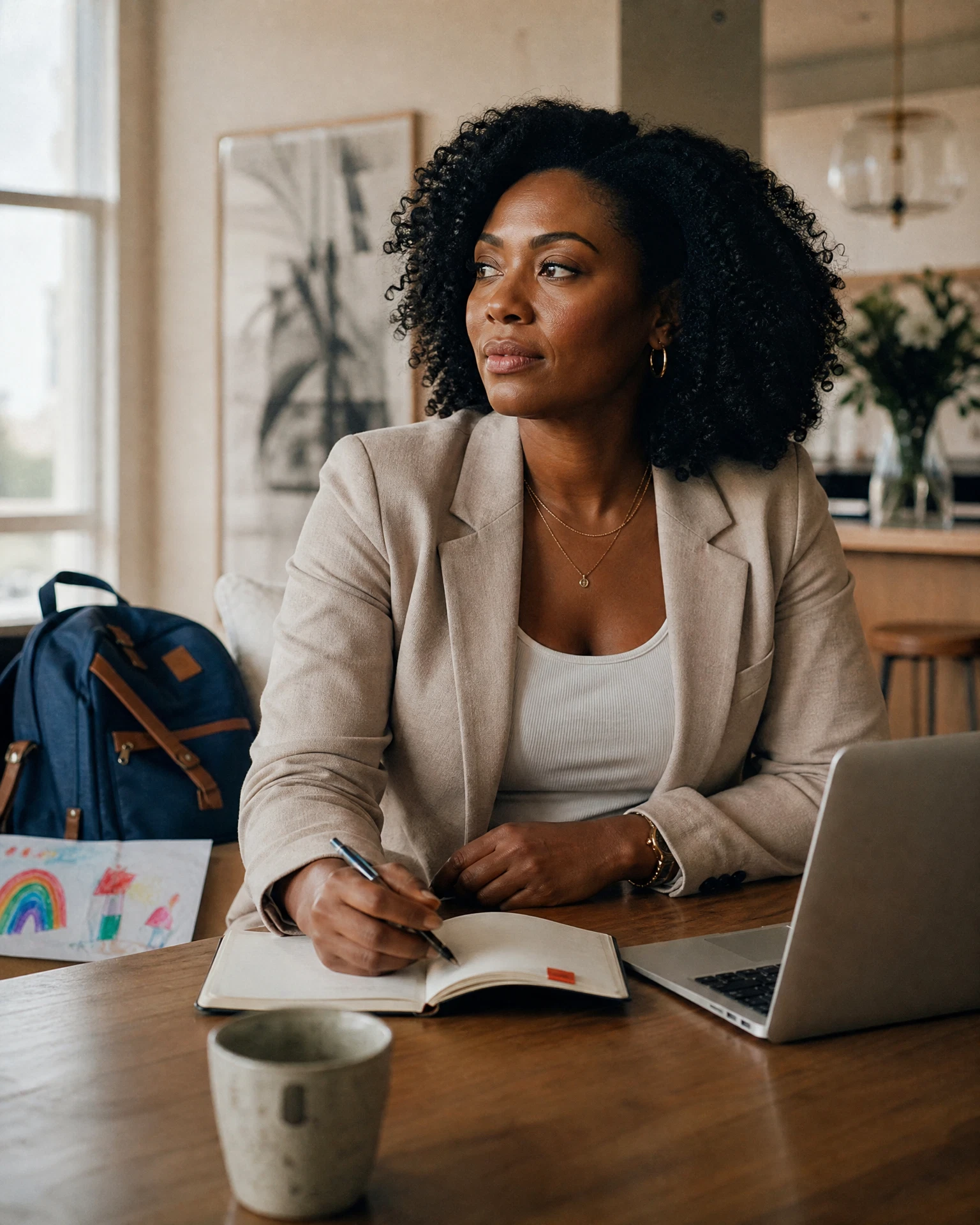 Working mother planning at home before the workday