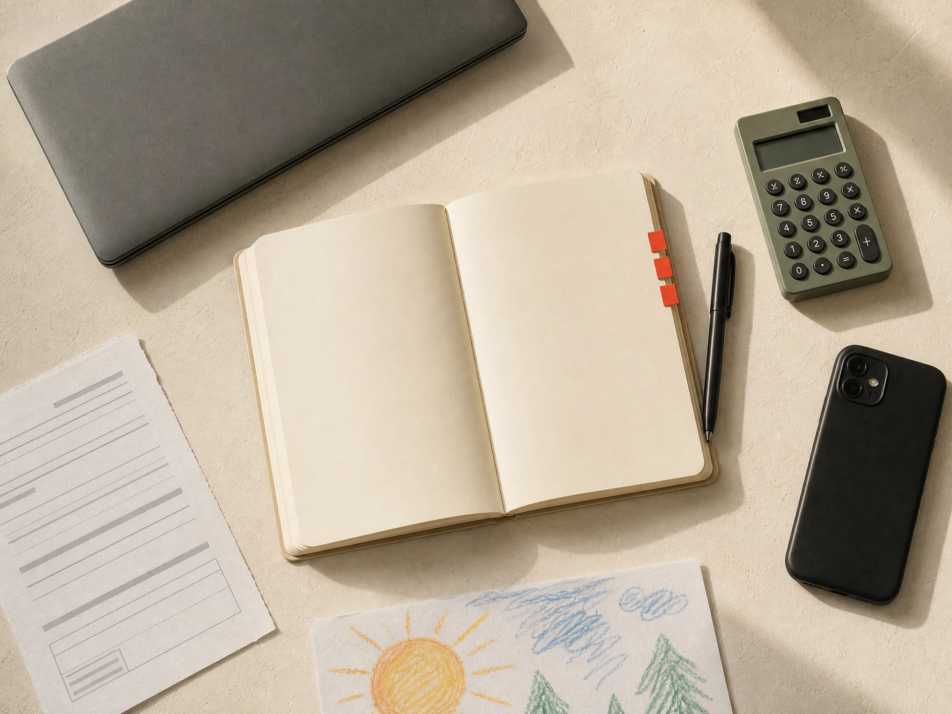 A practical planning desk with notebook, laptop, and family details